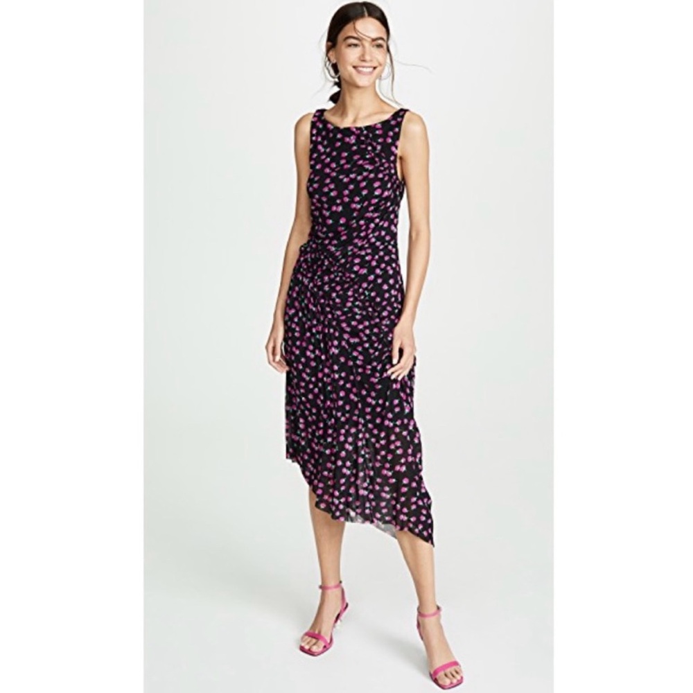 DVF Maia Mesh Midi Sleeveless Dress with Asymmetrical Hem